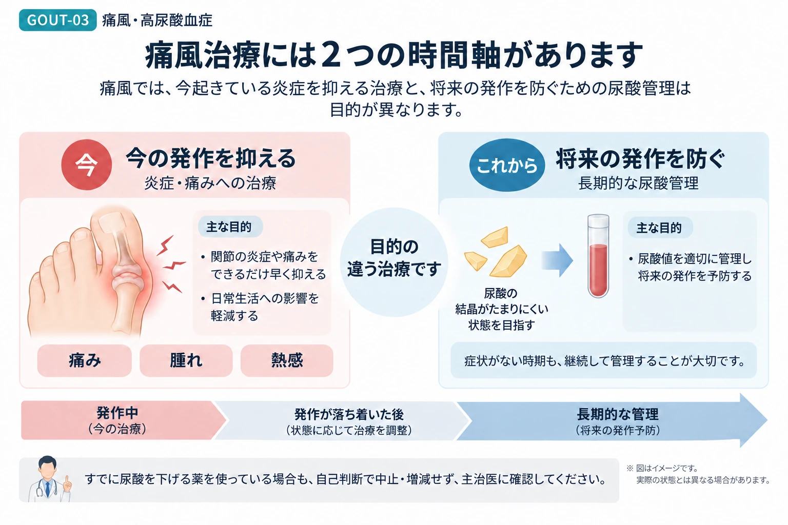 痛風発作の治療と高尿酸血症の長期管理を分けて考えることを説明する図