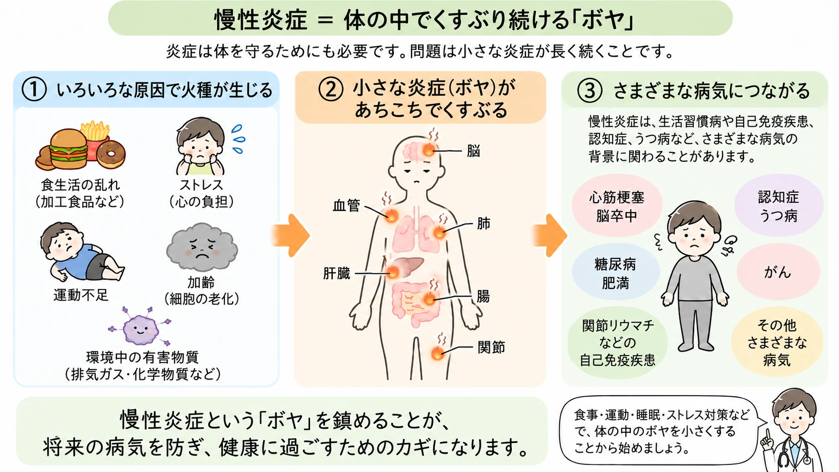 食生活、ストレス、運動不足、加齢、環境など、慢性炎症に関わりうる要因と、体の各部でくすぶる「ボヤ」、さまざまな慢性疾患との関わりを示した患者向けイメージ図。