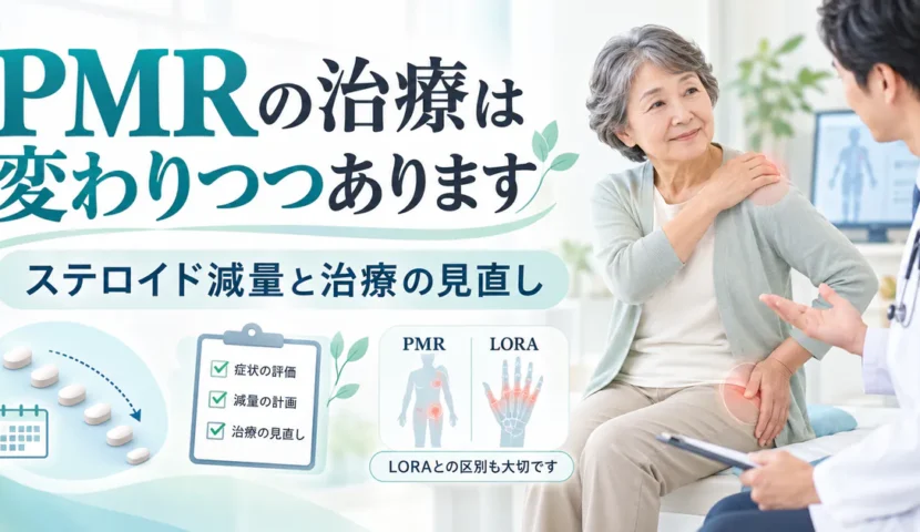 PMRのステロイド減量や治療の見直し、PMRと高齢発症関節リウマチ（LORA）の区別を説明する図。医師と相談する患者の場面も含む。